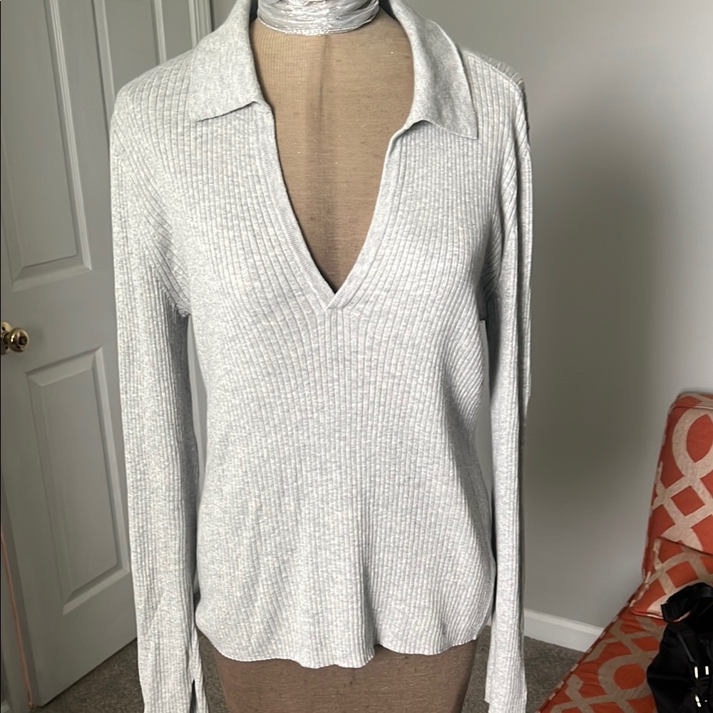 PAIGE Gray V-Neck Sweater with Ribbed Collar